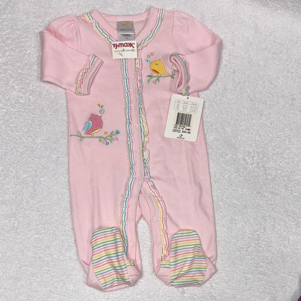 NWT Absorba Pink yellow Bird Embroidered rainbow ruffle sleeper pajama 3/6m